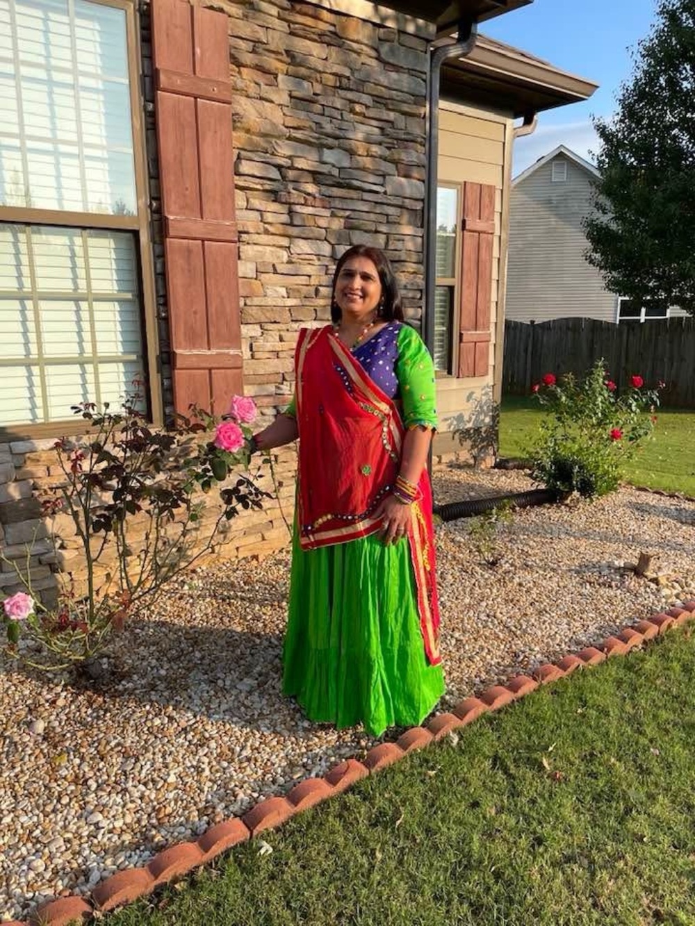 Vibrant Green Maxi Skirt with Red Draped Dupatta